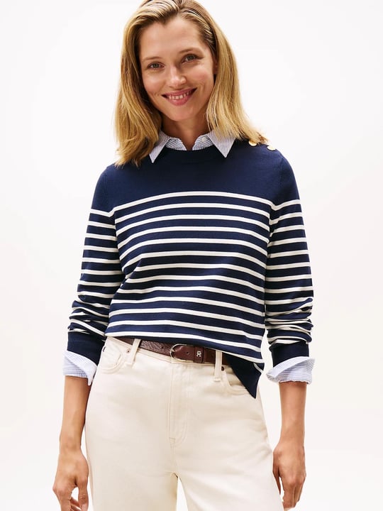 Tommy Hilfiger Tommy Hilfiger Kadın Saf Pamuklu Normal Kalıp Çizgili Gold Düğme Detaylı Uzun Kollu Örgü Lacivert Kazak WW0WW47305-0FI