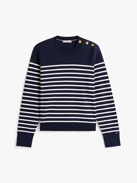 Tommy Hilfiger Tommy Hilfiger Kadın Saf Pamuklu Normal Kalıp Çizgili Gold Düğme Detaylı Uzun Kollu Örgü Lacivert Kazak WW0WW47305-0FI