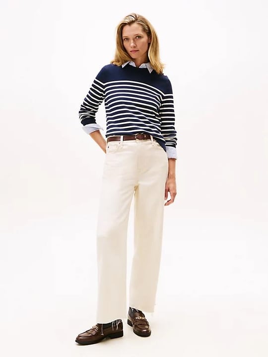 Tommy Hilfiger Tommy Hilfiger Kadın Saf Pamuklu Normal Kalıp Çizgili Gold Düğme Detaylı Uzun Kollu Örgü Lacivert Kazak WW0WW47305-0FI