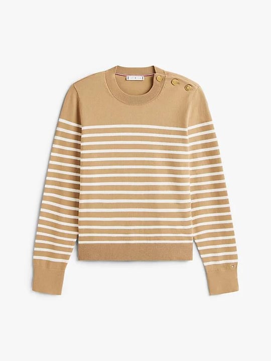 Tommy Hilfiger Tommy Hilfiger Kadın Saf Pamuklu Normal Kalıp Çizgili Gold Düğme Detaylı Uzun Kollu Örgü Bej Kazak WW0WW47305-0AF