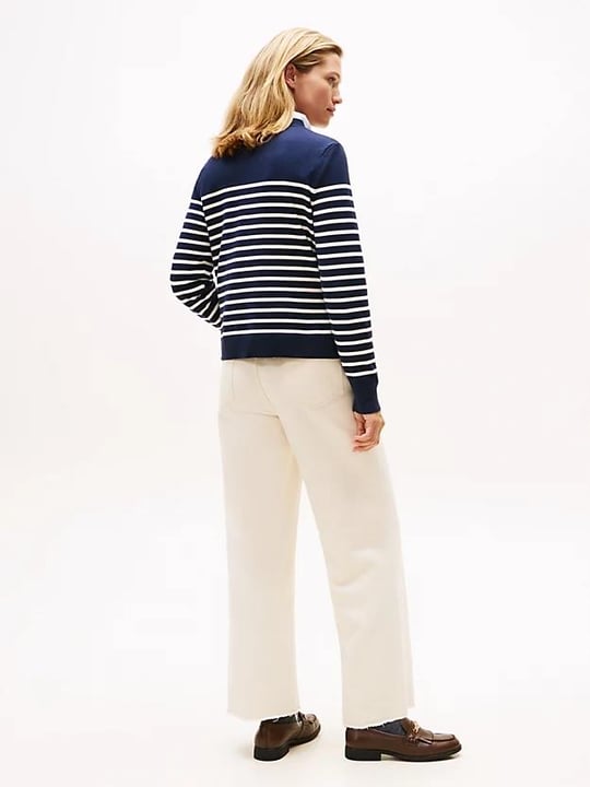 Tommy Hilfiger Tommy Hilfiger Kadın Saf Pamuklu Normal Kalıp Çizgili Gold Düğme Detaylı Uzun Kollu Örgü Lacivert Kazak WW0WW47305-0FI