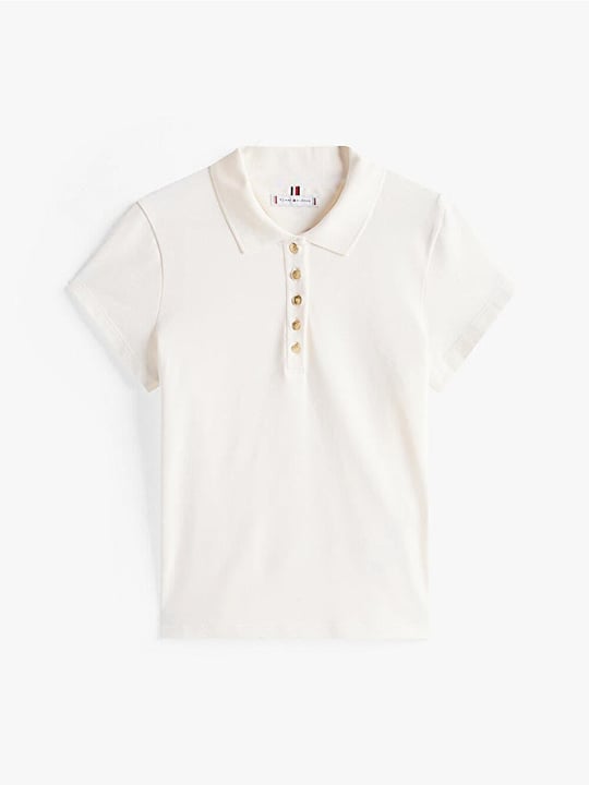 TOMMY HILFIGER Tommy Hilfiger Kadın Slim Fit Gold Düğme Detaylı Esnek Pamuklu Kısa Kollu Beyaz Polo Yaka T-Shirt WW0WW45768-YA8