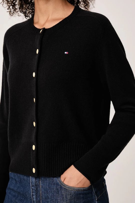 Tommy Hilfiger Tommy Hilfiger Kadın Slim Fit %100 Yün Yumuşak Jarse Örme Uzun Kollu Siyah Hırka WW0WW51439-BDS