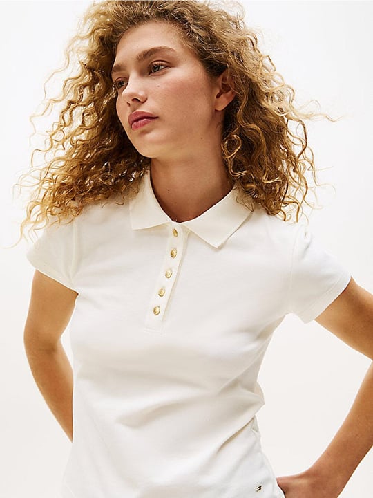 TOMMY HILFIGER Tommy Hilfiger Kadın Slim Fit Gold Düğme Detaylı Esnek Pamuklu Kısa Kollu Beyaz Polo Yaka T-Shirt WW0WW45768-YA8