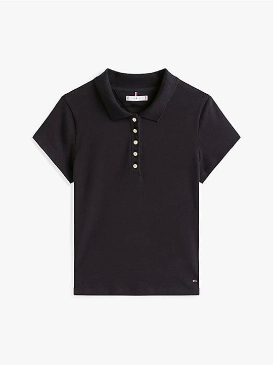 TOMMY HILFIGER Tommy Hilfiger Kadın Slim Fit Gold Düğme Detaylı Esnek Pamuklu Kısa Kollu Siyah Polo Yaka T-Shirt WW0WW45768-BDS