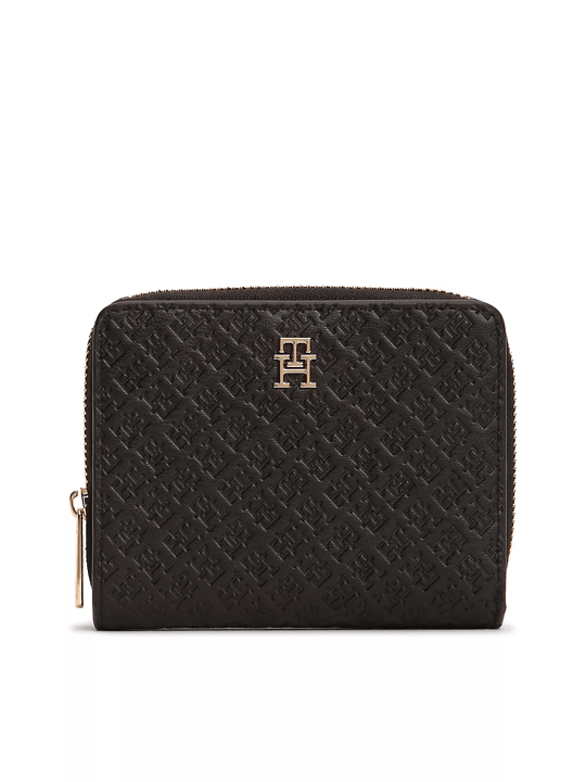 Tommy Hilfiger Tommy Hilfiger Kadın TH Monogram Logolu Fermuar Bölmeli Siyah Cüzdan AW0AW18474-BDS