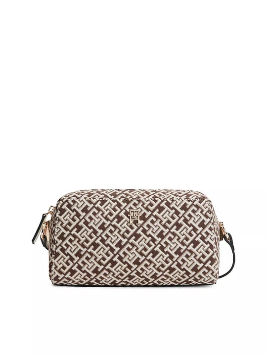 Tommy Hilfiger Tommy Hilfiger Kadın TH Monogram Desenli Fermuarlı Bej Omuz Çantası AW0AW18864-0F4