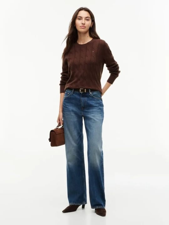 Tommy Hilfiger Tommy Hilfiger Kadın Yuvarlak Yaka Yünlü Örme Uzun Kollu Kahverengi Kazak WW0WW43586-GV0