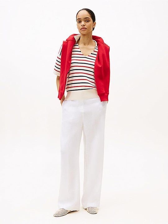 Tommy Hilfiger Tommy Hilfiger Kadın Yüksek Bel Geniş Paça Cep Detay Rahat Düz Model Beyaz Pantolon WW0WW46823-YCF