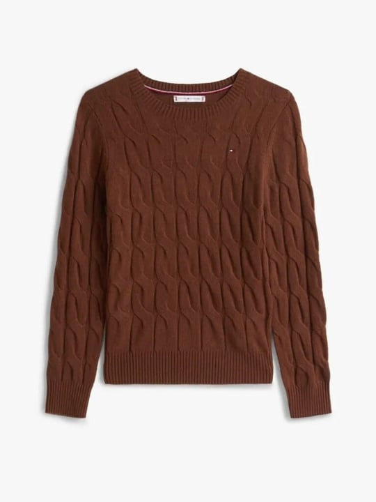 Tommy Hilfiger Tommy Hilfiger Kadın Yuvarlak Yaka Yünlü Örme Uzun Kollu Kahverengi Kazak WW0WW43586-GV0