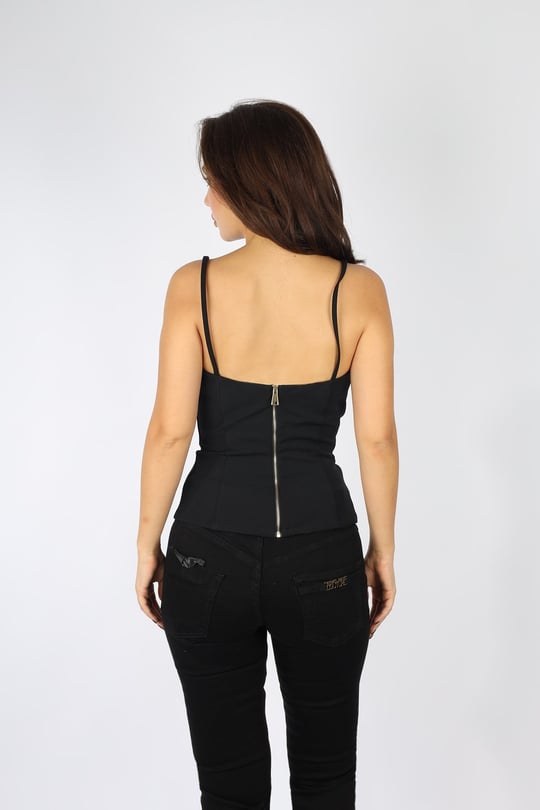 Versace Versace Kadın Dokuma Kumaş İp Askılı Arkası Fermuar Kapamalı Dar Kalıp Siyah T-Shirt 78HAM224N0356-899