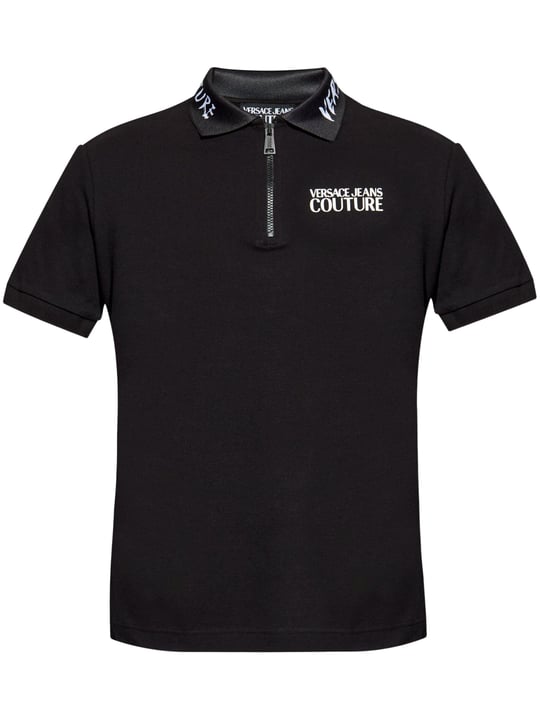 Versace Versace Kadın Slim Fit Yarı Fermuar Kapamalı Pamuklu Kısa Kollu Yakası Logo Baskılı Siyah Polo Yaka T-Shirt 78GAGT03CJ01T-899