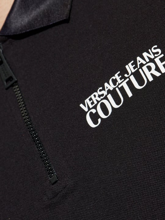 Versace Versace Kadın Slim Fit Yarı Fermuar Kapamalı Pamuklu Kısa Kollu Yakası Logo Baskılı Siyah Polo Yaka T-Shirt 78GAGT03CJ01T-899