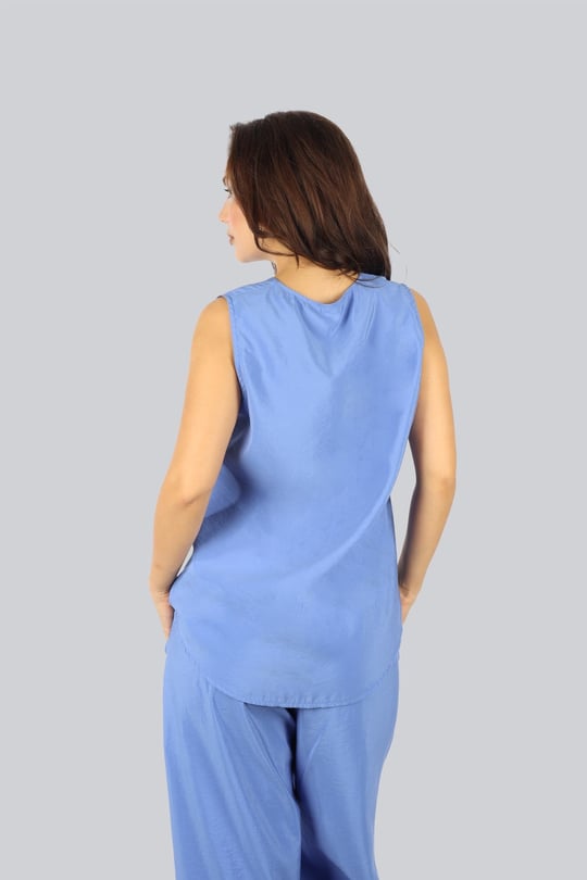 Ysatiss Ysatiss Kadın V Yaka Normal Kalıp Kolsuz Mavi Bluz 2525.5000155-MAVİ