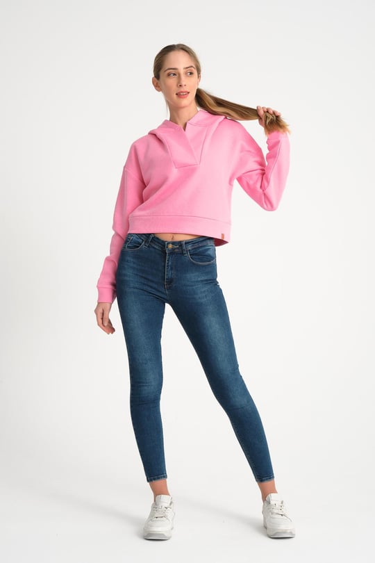 Pembe V Yaka Kapu onlu Kad n Sweatshirt