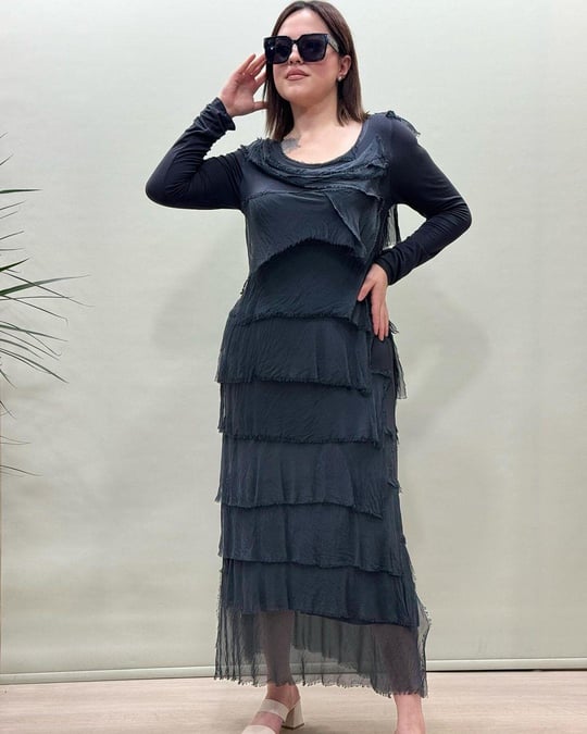 Gri Uzun Kollu İtalyan İpek Elbise