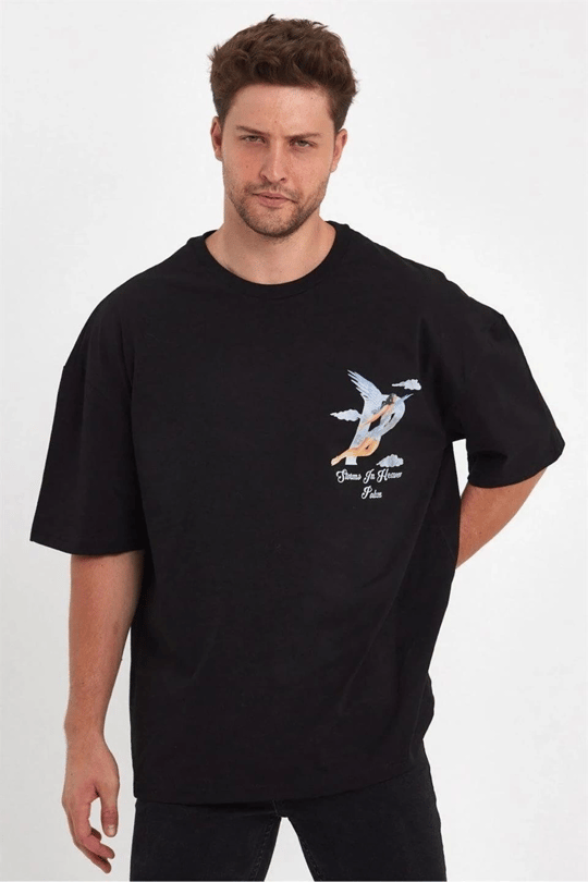 Erkek Melek Baskılı Oversize T-shirt - Siyah | Erkek Giyim T-Shirt | HANCLO