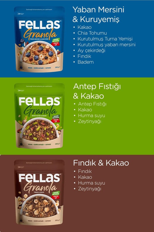 Fellas Granola 3'lü Mix Paket - Yaban Mersinli 200g + Fındık & Kakao 200g + Antep Fıstıklı 200g