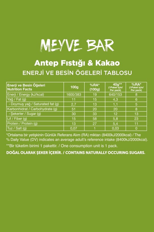 Meyve Bar - Antep Fıstıklı ve Kakaolu 40g x 12 Adet