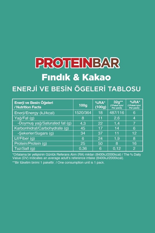 Protein Bar - Fındıklı ve Kakaolu 32g x 12 Adet