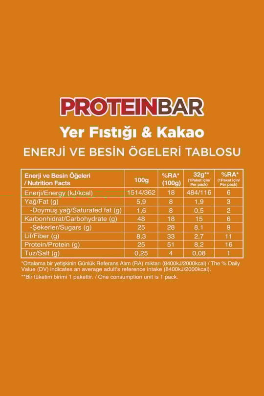 Protein Bar - Yer Fıstıklı ve Kakaolu 32g x 12 Adet