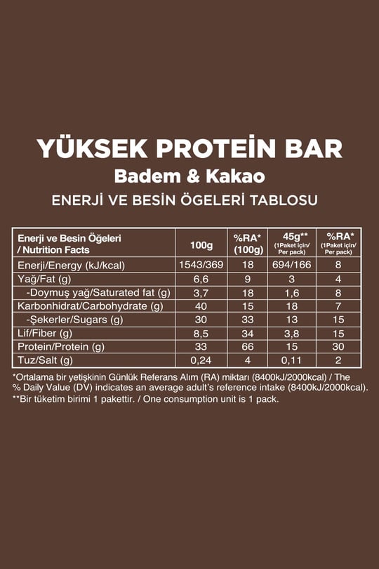 Yüksek Protein Bar - Bademli ve Kakaolu 45g x 12 Adet