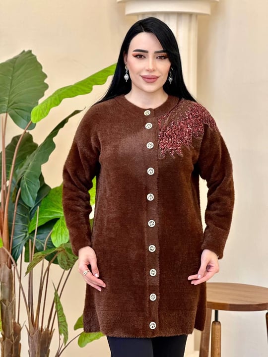 Angora Boncuklu Oversize Hırka 7701 T-25 Kahverengi