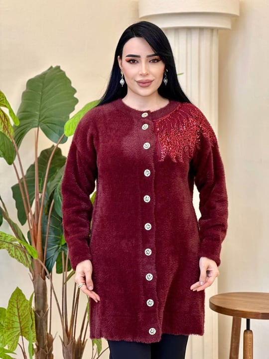 Angora Boncuklu Oversize Hırka 7701 T-25 Bordo