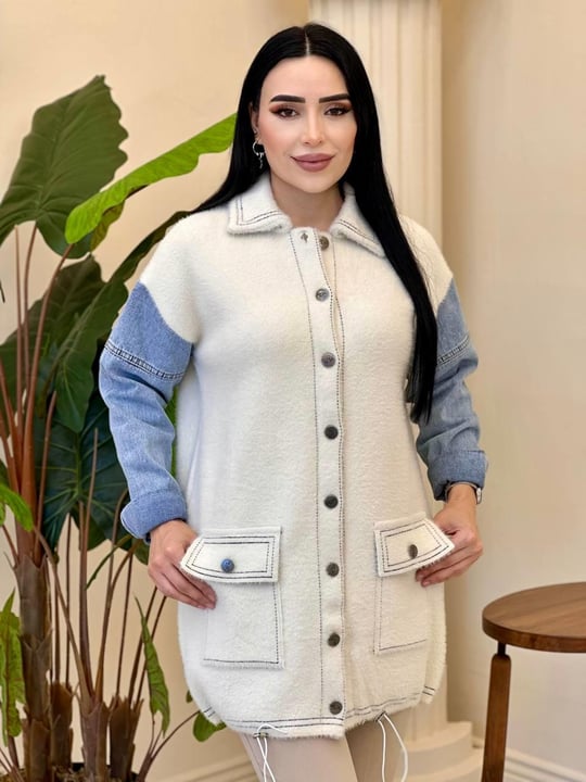 Angora Kot Kollu Uzun Hırka 101001 T-25 Ekru