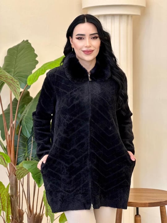 Angora Yakası Kürklü Fermuarlı Hırka 140372 T-25 Siyah