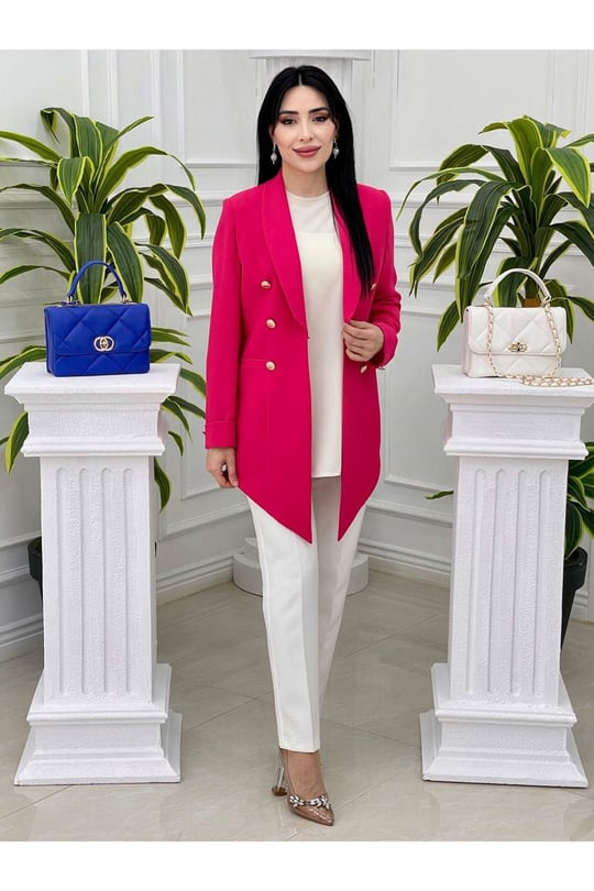 Asimetrik Blazer Tek Ceket 2305-Fuşya