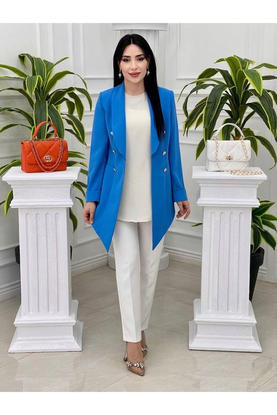 Asimetrik Blazer Tek Ceket 2305-Mavi