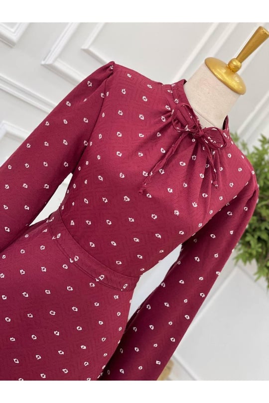 Bağcıklı Baskı Elbise 2927-Bordo
