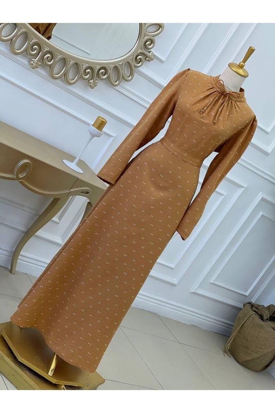 Bağcıklı Baskı Elbise 2927-Sarı