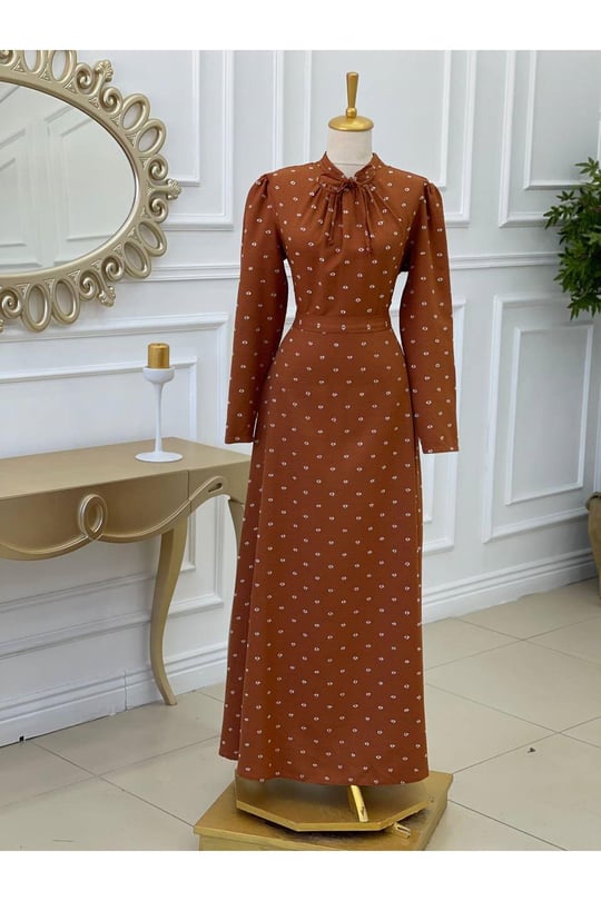 Bağcıklı Baskı Elbise 2927-Taba