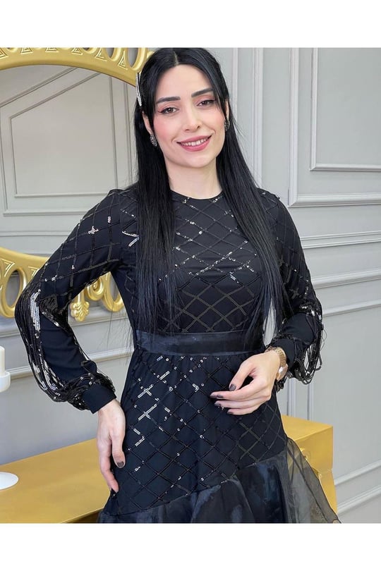 Baklava Payet Organize Elbise 20940-Siyah