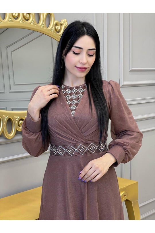 Baklava Taş Simli Elbise 3883-Kahverengi