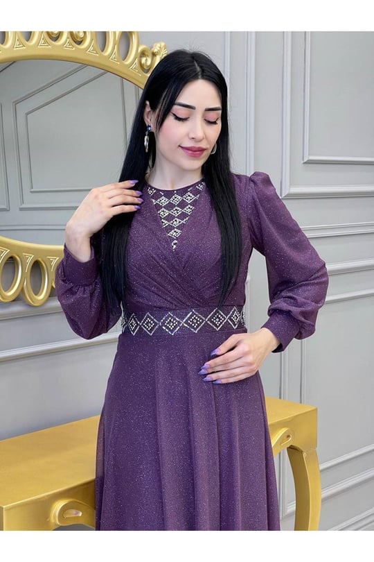 Baklava Taş Simli Elbise 3883-Mor
