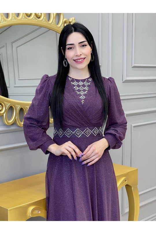 Baklava Taş Simli Elbise 3883-Mor