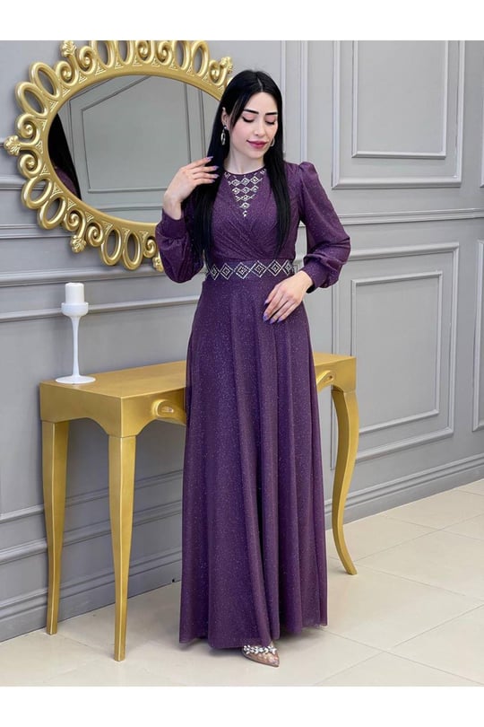 Baklava Taş Simli Elbise 3883-Mor