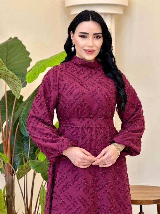 Balon Kol Bağcıklı Simli Elbise 4584 T-25 Bordo