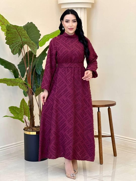 Balon Kol Bağcıklı Simli Elbise 4584 T-25 Bordo