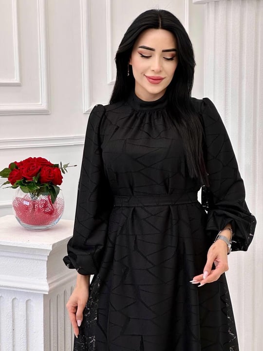 Balon Kol Dantel Elbise 9517 t-24 Siyah