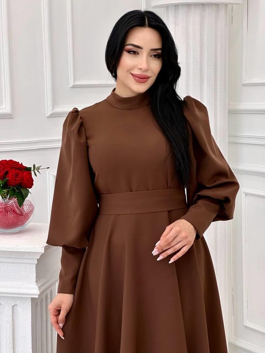 Balon Kol Elbise 9358 Kahverengi