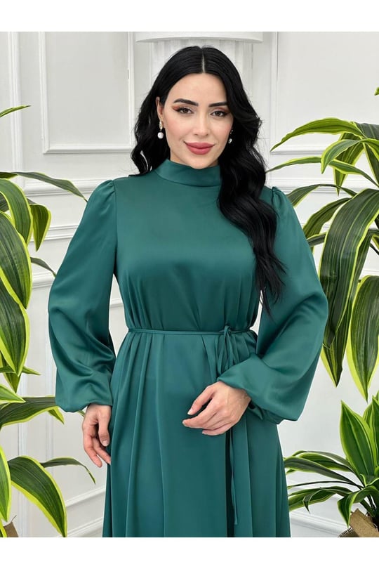 Balon Kol Saten Elbise 9448-Yeşil