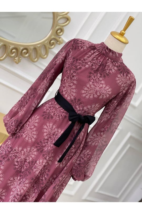 Balon Kol Şifon Elbise 1135-Rose