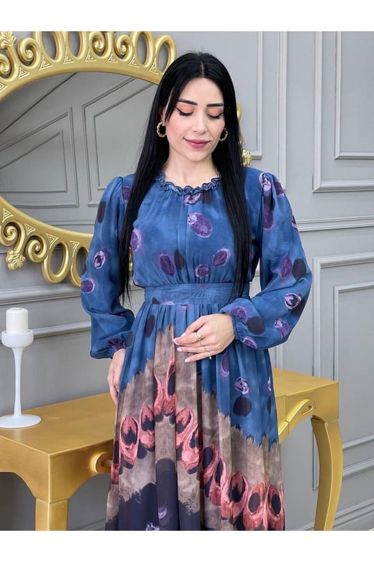Baskı Desen Elbise 5136-İndigo Mavi