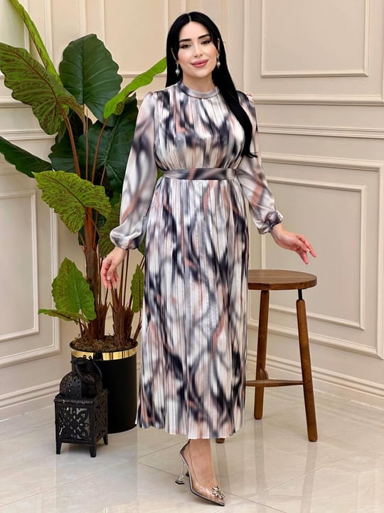 Batik Desen Pilise Saten Elbise 5936 e025 Ekru Haki
