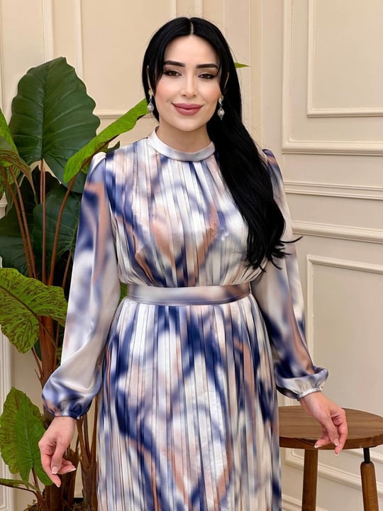 Batik Desen Pilise Saten Elbise 5936 e025 Ekru Mavi