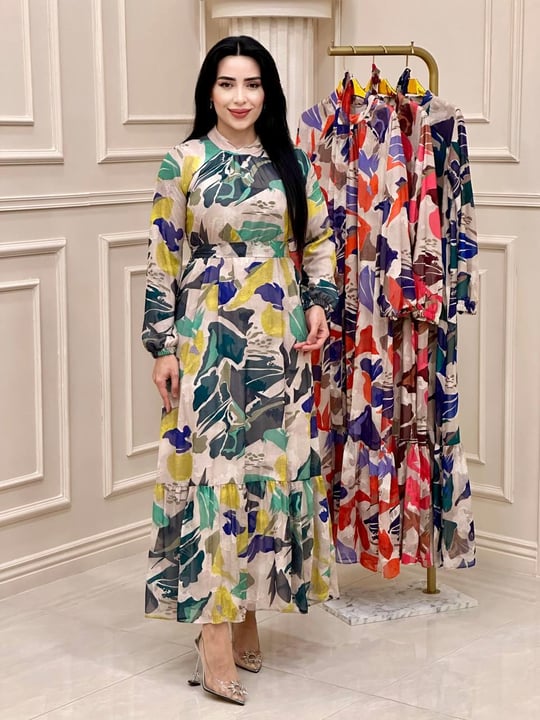 Batik Desen Şifon Elbise 9910 t24 Sarı